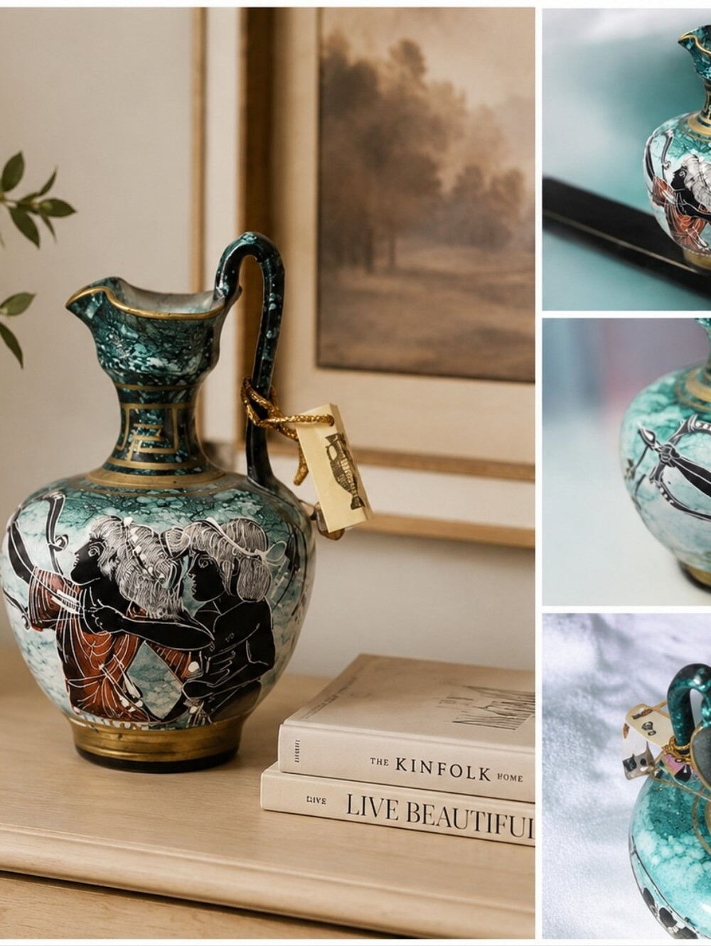 Ancient Greek Art Ceramic vase hand painted and decorated  - Teal Vintage